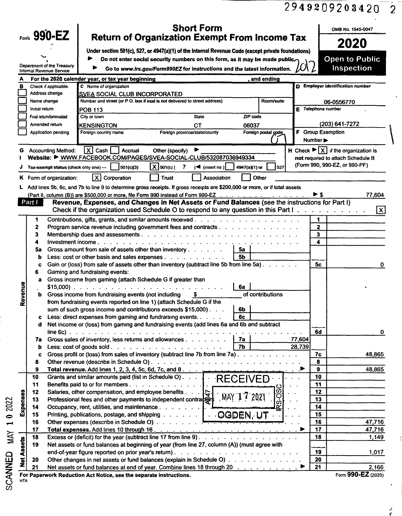 Image of first page of 2020 Form 990EO for Svea Social Club Incorporated