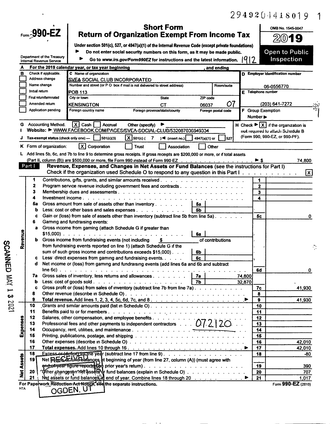 Image of first page of 2019 Form 990EO for Svea Social Club Incorporated