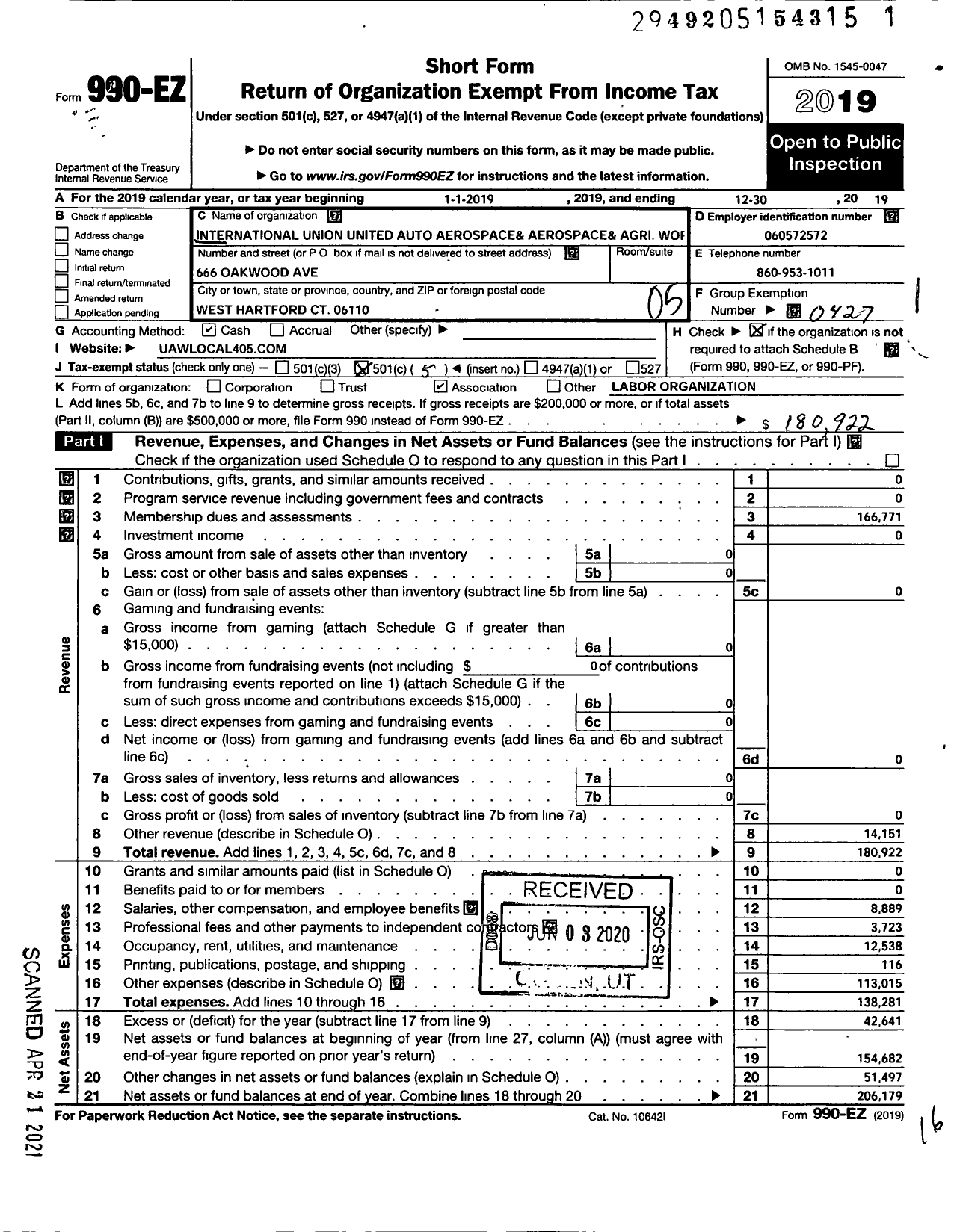 Image of first page of 2019 Form 990EO for UAW - Local 405 UAW