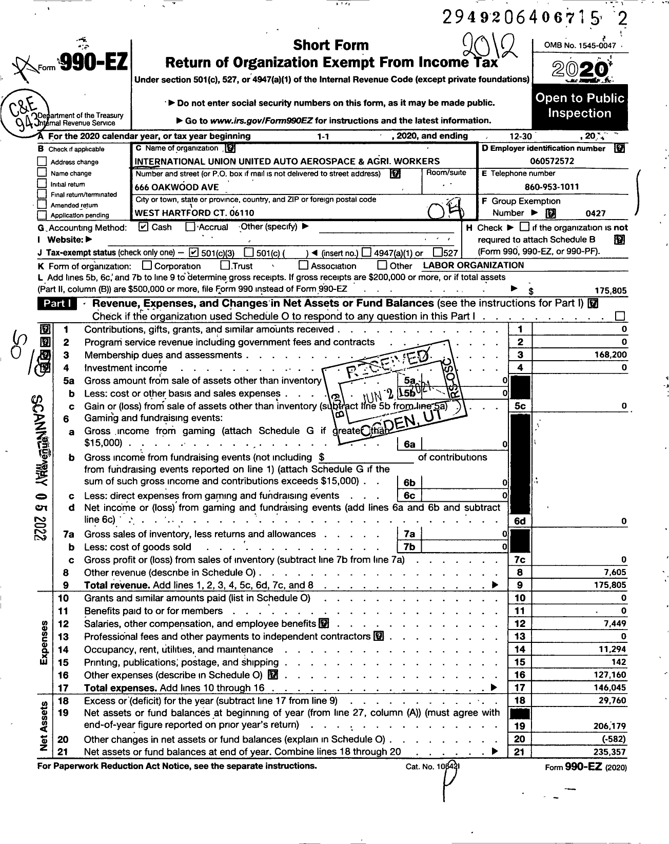 Image of first page of 2020 Form 990EO for UAW - Local 405 UAW