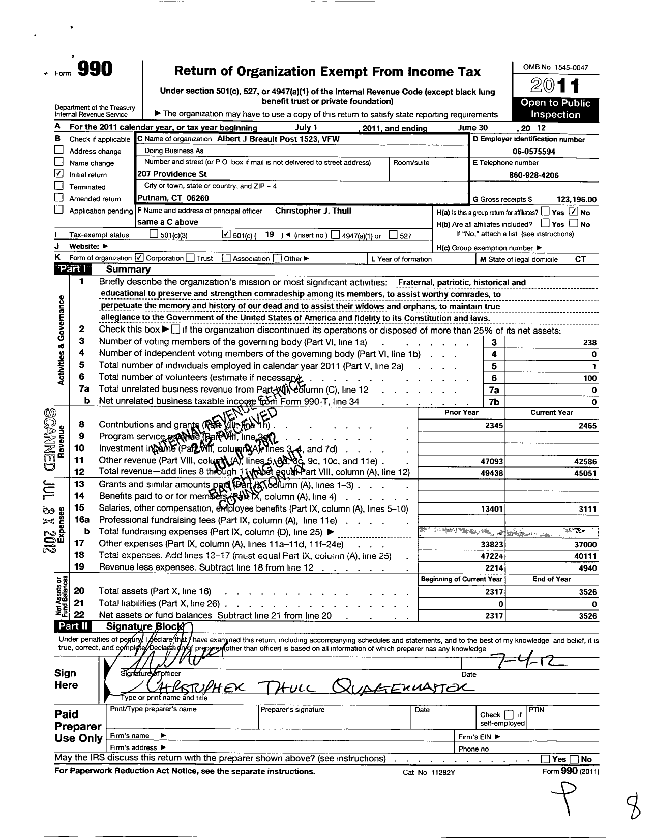 Image of first page of 2011 Form 990O for Veteran of Foreign Wars of the United States Dept of Connecticut