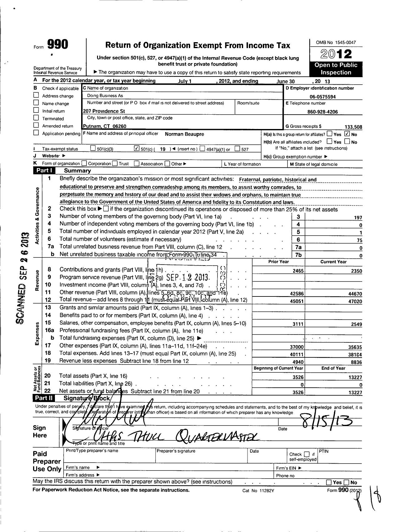 Image of first page of 2012 Form 990O for Veteran of Foreign Wars of the United States Dept of Connecticut