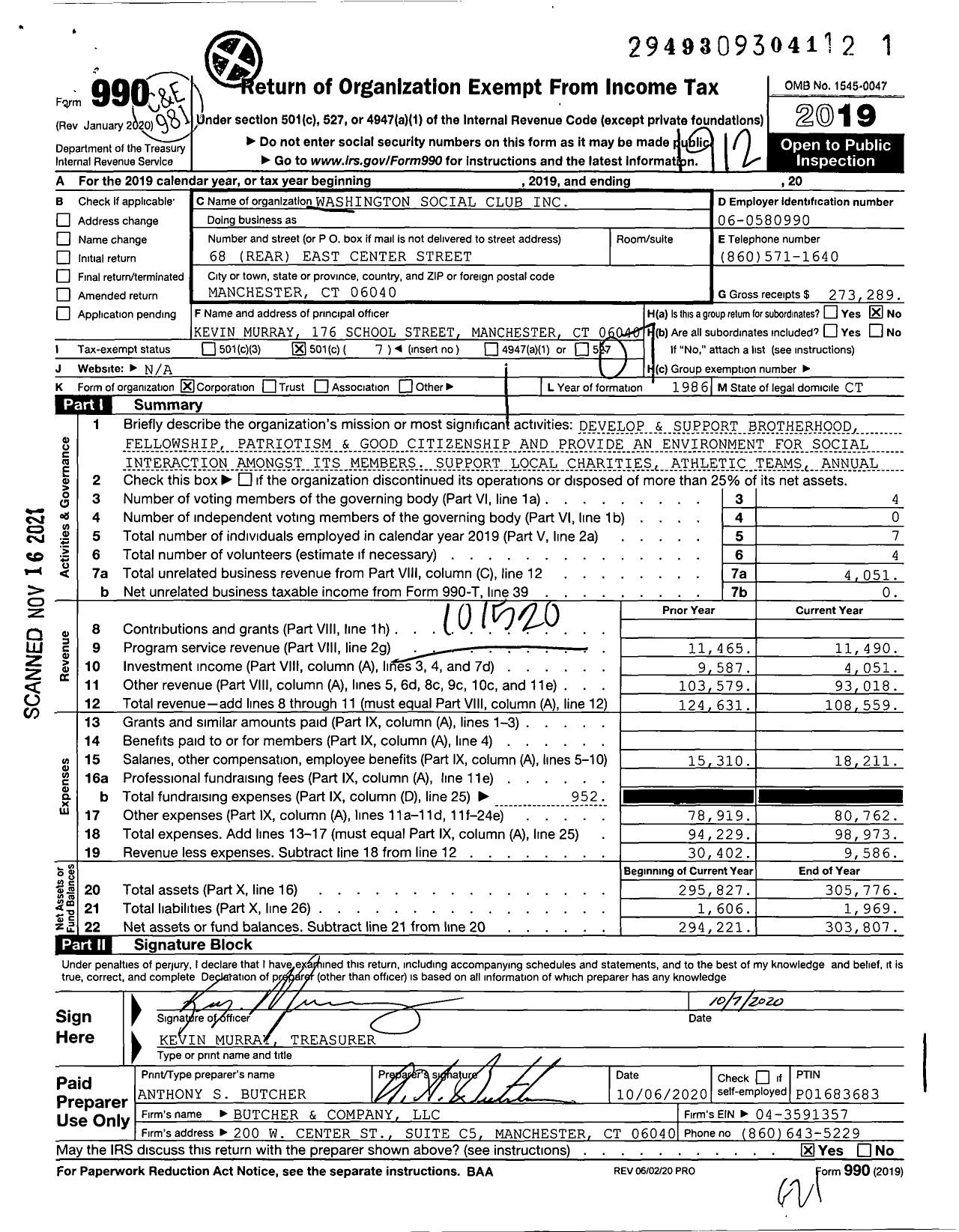 Image of first page of 2019 Form 990O for Washington Social Club