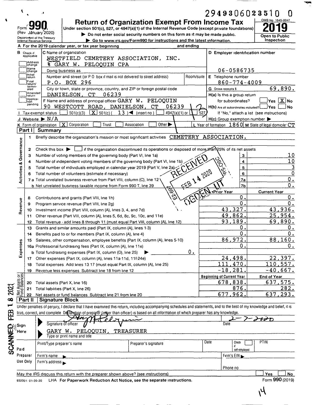 Image of first page of 2019 Form 990O for Westfield Cemetery Association