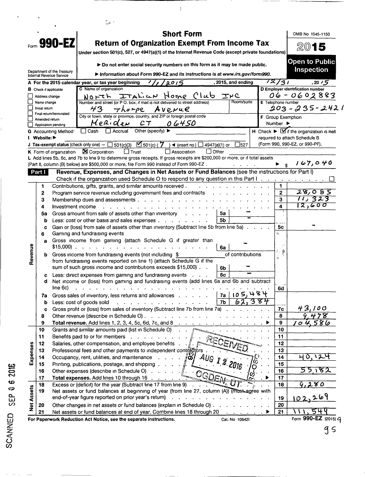 Image of first page of 2015 Form 990EO for North Italian Home Club