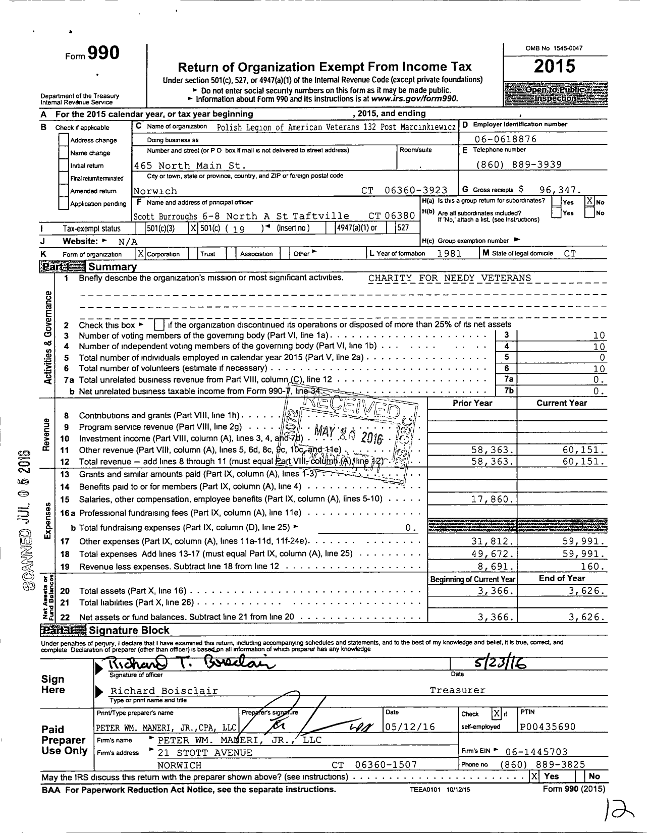 Image of first page of 2015 Form 990O for Polish Legion of American Veterans USA - 132 Post Andrew Marcinkiewicz