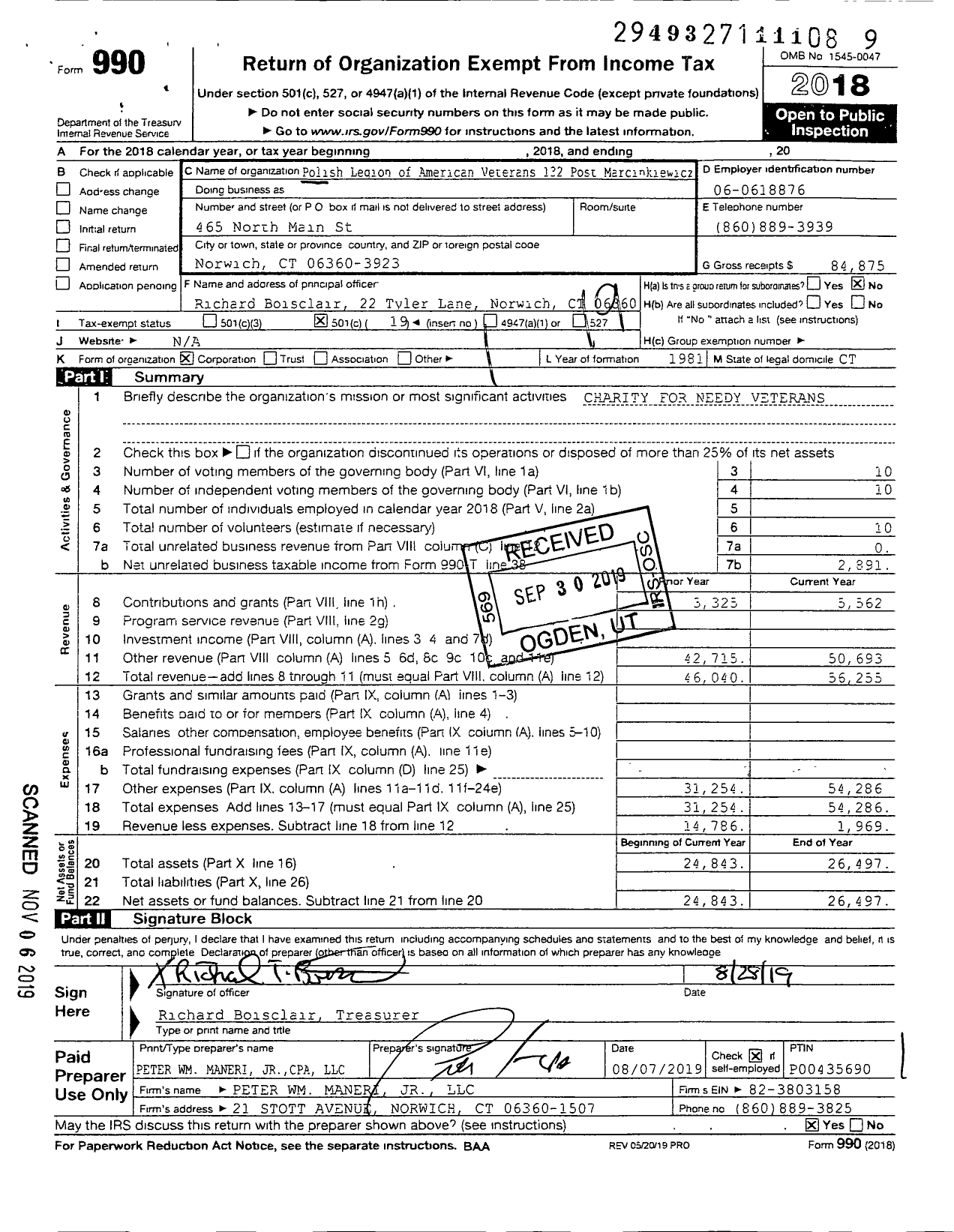 Image of first page of 2018 Form 990O for Polish Legion of American Veterans USA - 132 Post Andrew Marcinkiewicz