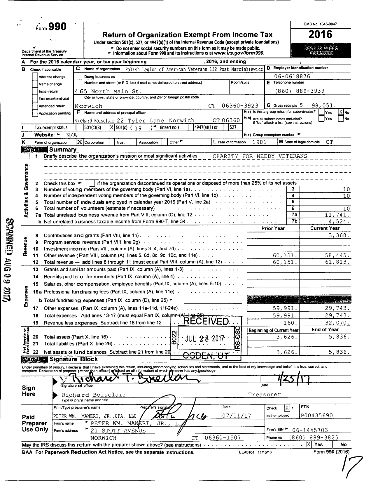 Image of first page of 2016 Form 990O for Polish Legion of American Veterans USA - 132 Post Andrew Marcinkiewicz