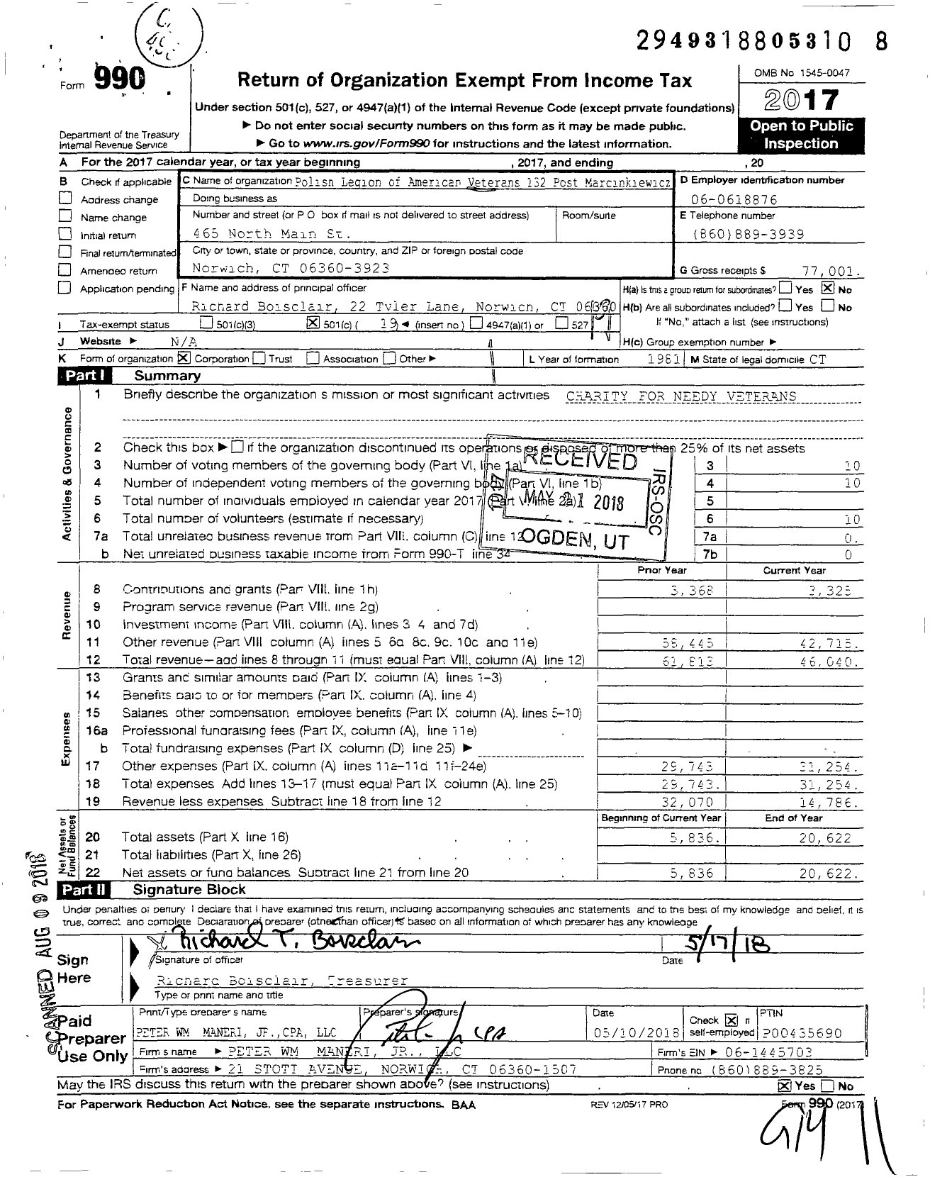 Image of first page of 2017 Form 990O for Polish Legion of American Veterans USA - 132 Post Andrew Marcinkiewicz