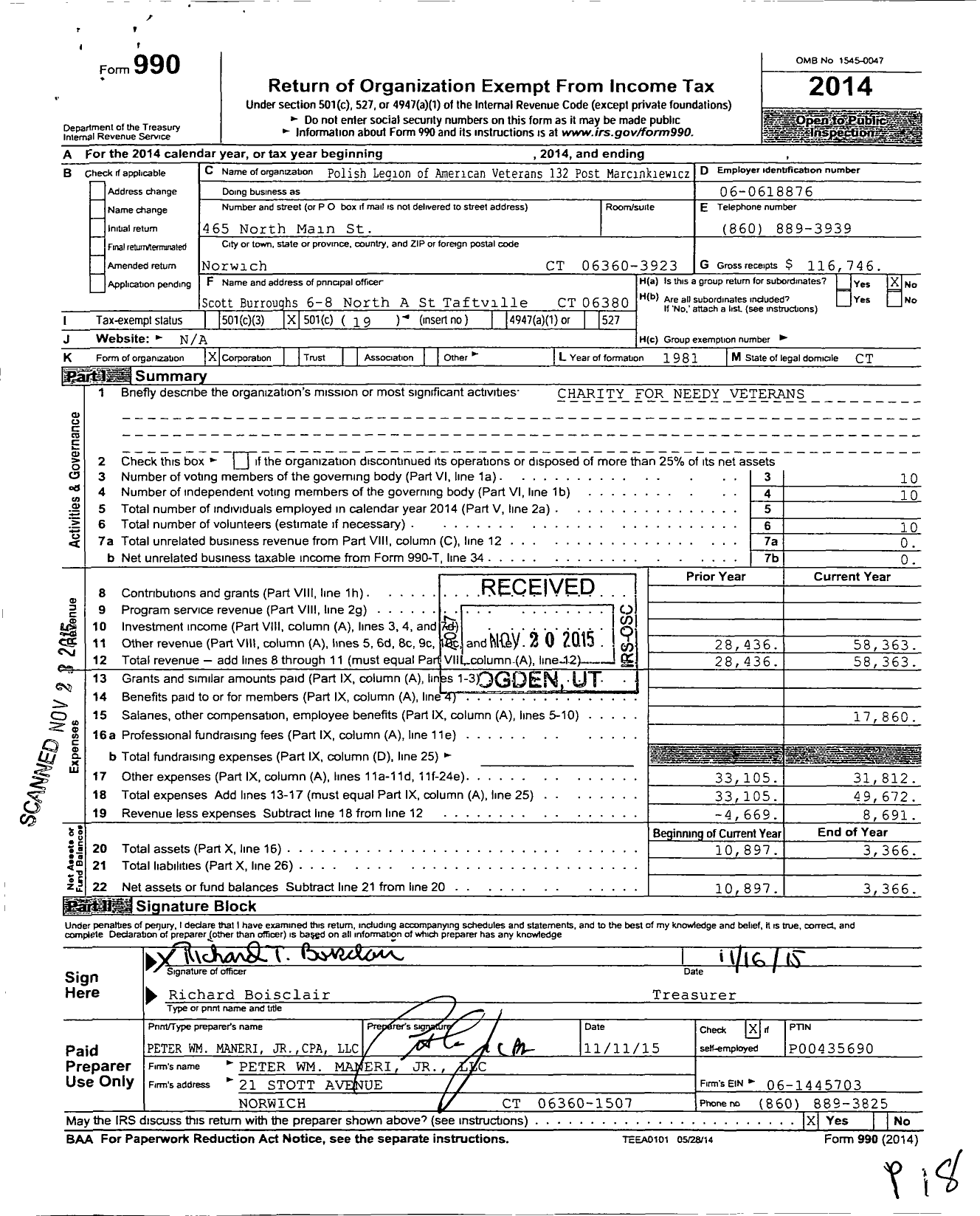 Image of first page of 2014 Form 990O for Polish Legion of American Veterans USA - 132 Post Andrew Marcinkiewicz