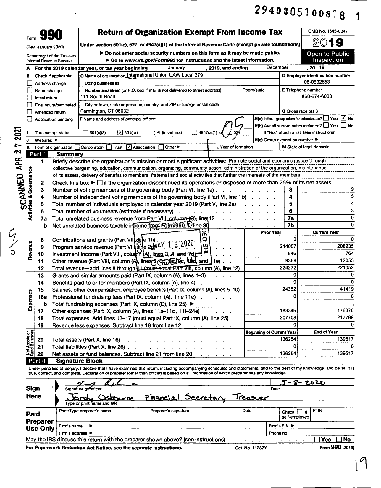 Image of first page of 2019 Form 990O for Uaw - 379 Local