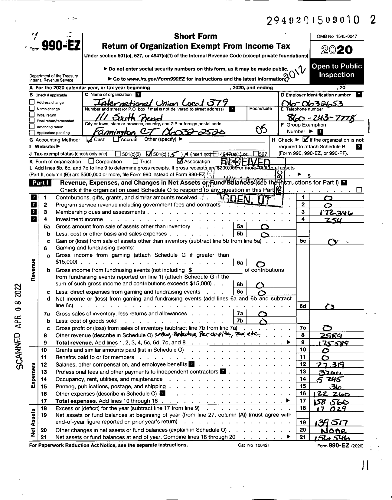 Image of first page of 2020 Form 990EO for Uaw - 379 Local