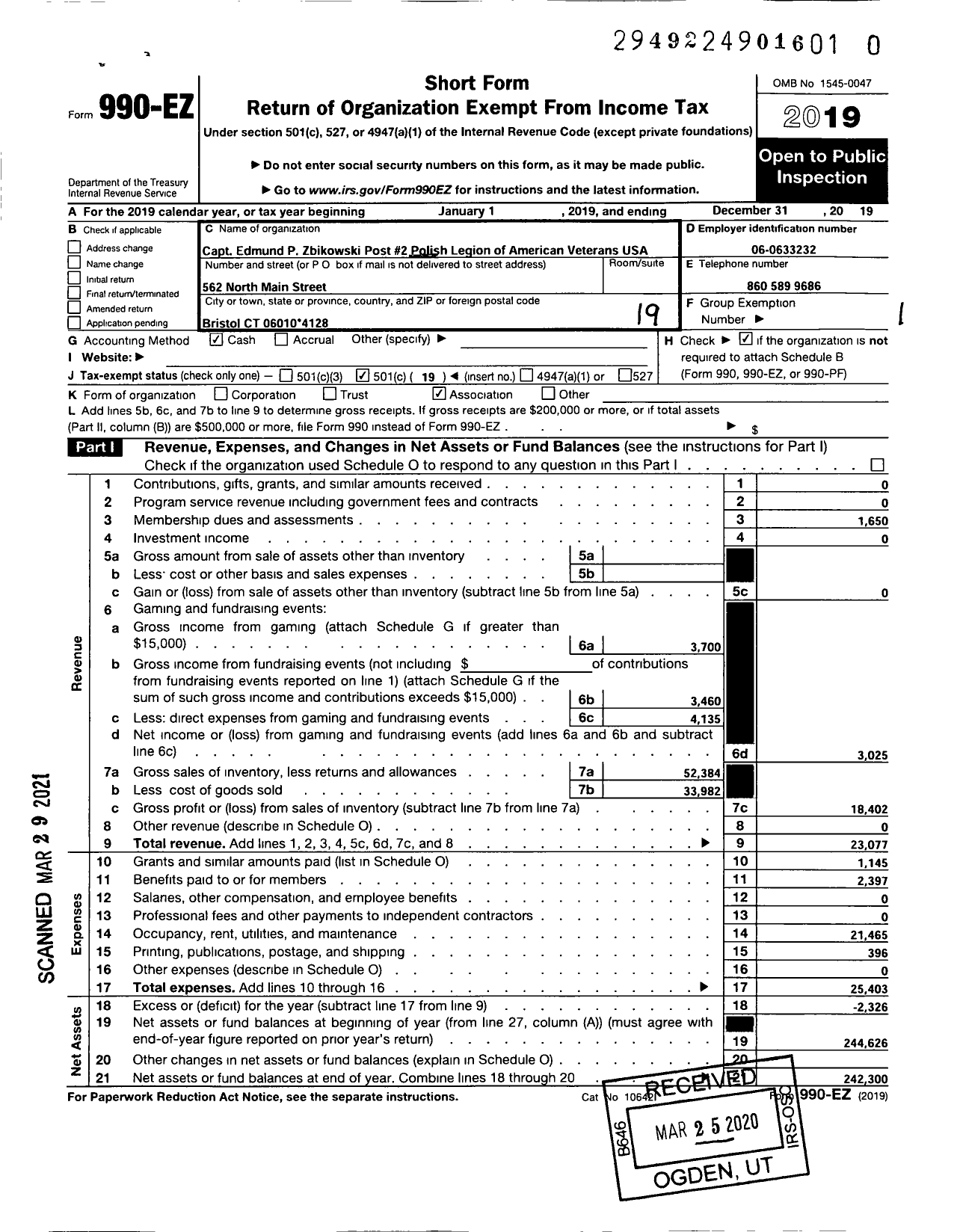 Image of first page of 2019 Form 990EO for Polish Legion of American Veterans USA - 2 Post Captain Edmund Zbikowski