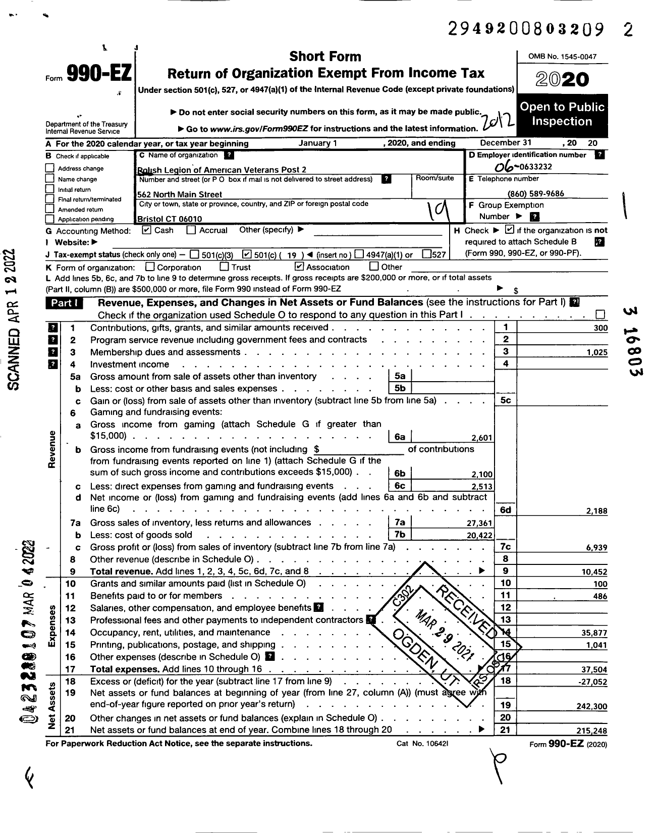 Image of first page of 2020 Form 990EO for Polish Legion of American Veterans USA - 2 Post Captain Edmund Zbikowski