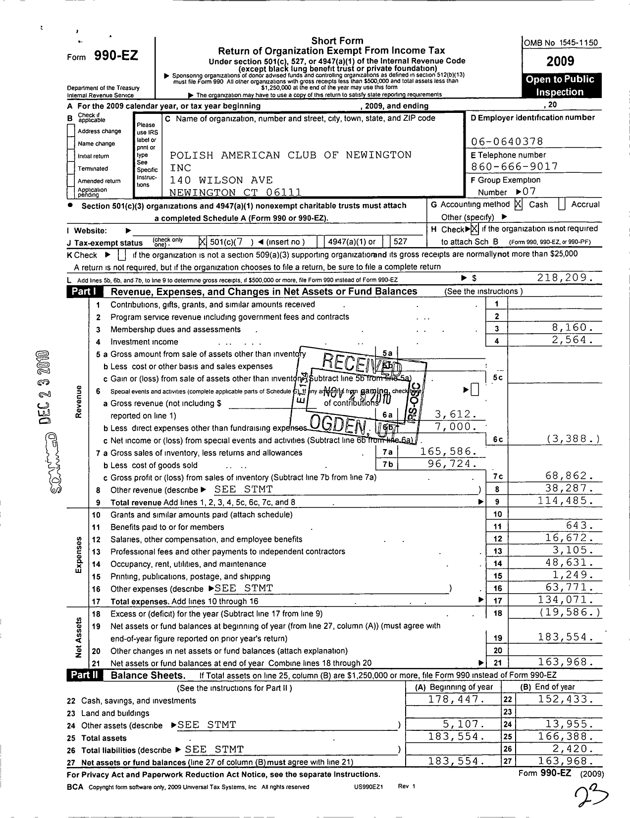 Image of first page of 2009 Form 990EO for Polish American Club of Newington