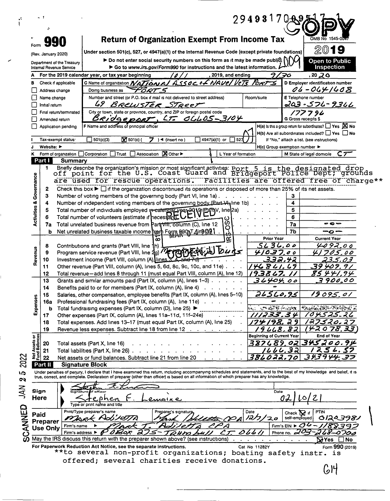 Image of first page of 2019 Form 990O for National Assoc of Navel Vets Port 5