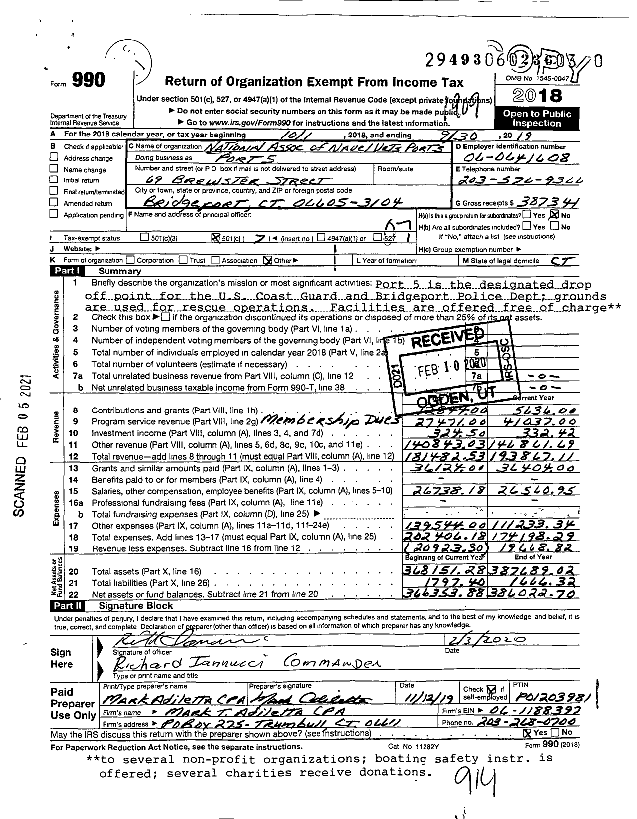 Image of first page of 2018 Form 990O for National Assoc of Navel Vets Port 5