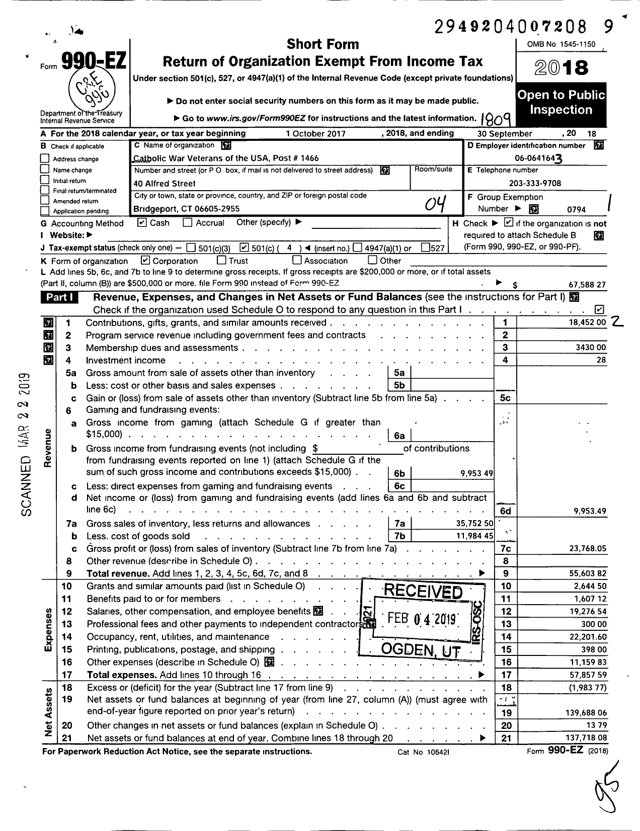 Image of first page of 2017 Form 990EO for Catholic War Veterans of the United States of America - 1466 Post-Cmr-Cwv