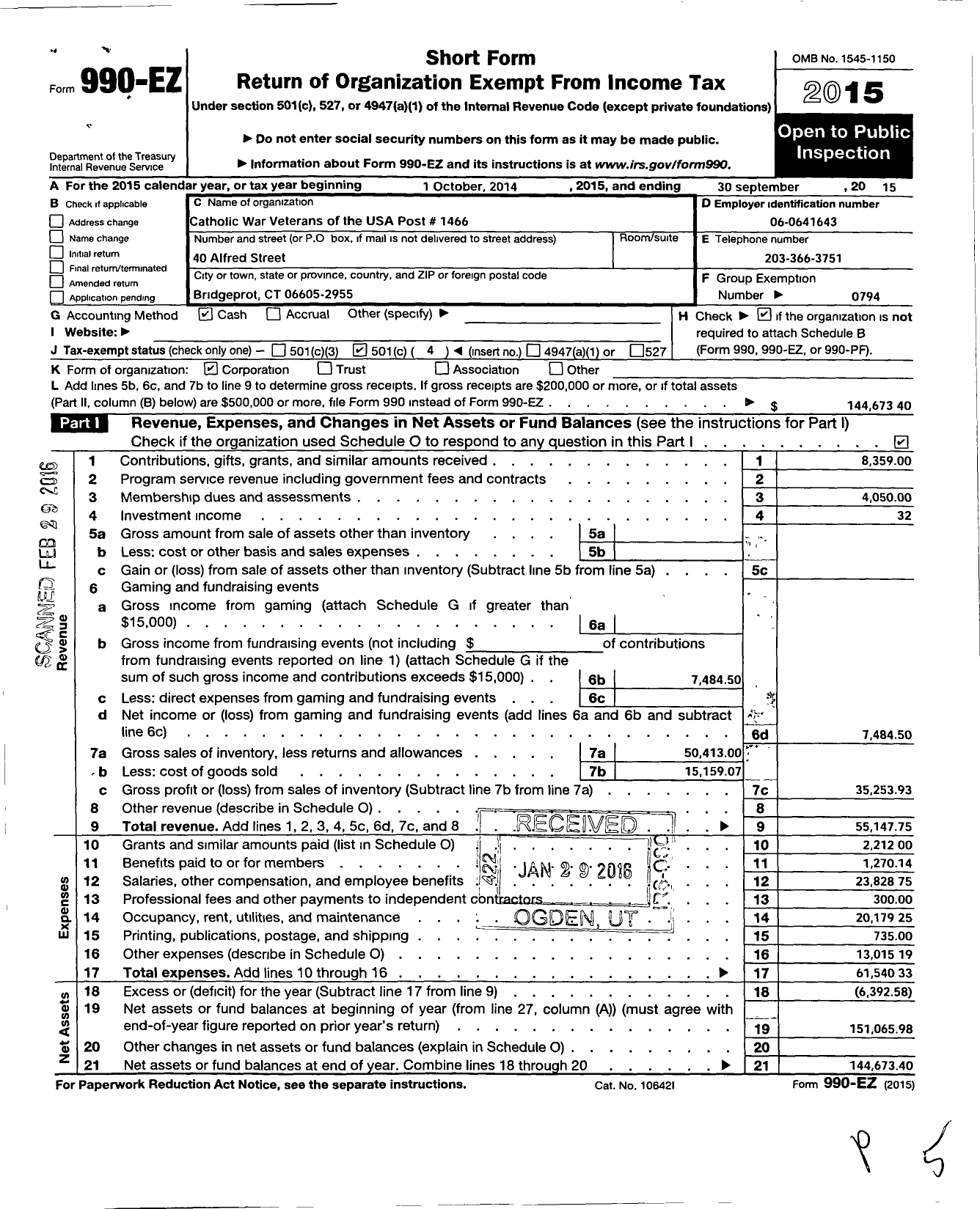 Image of first page of 2014 Form 990EO for Catholic War Veterans of the United States of America - 1466 Post-Cmr-Cwv