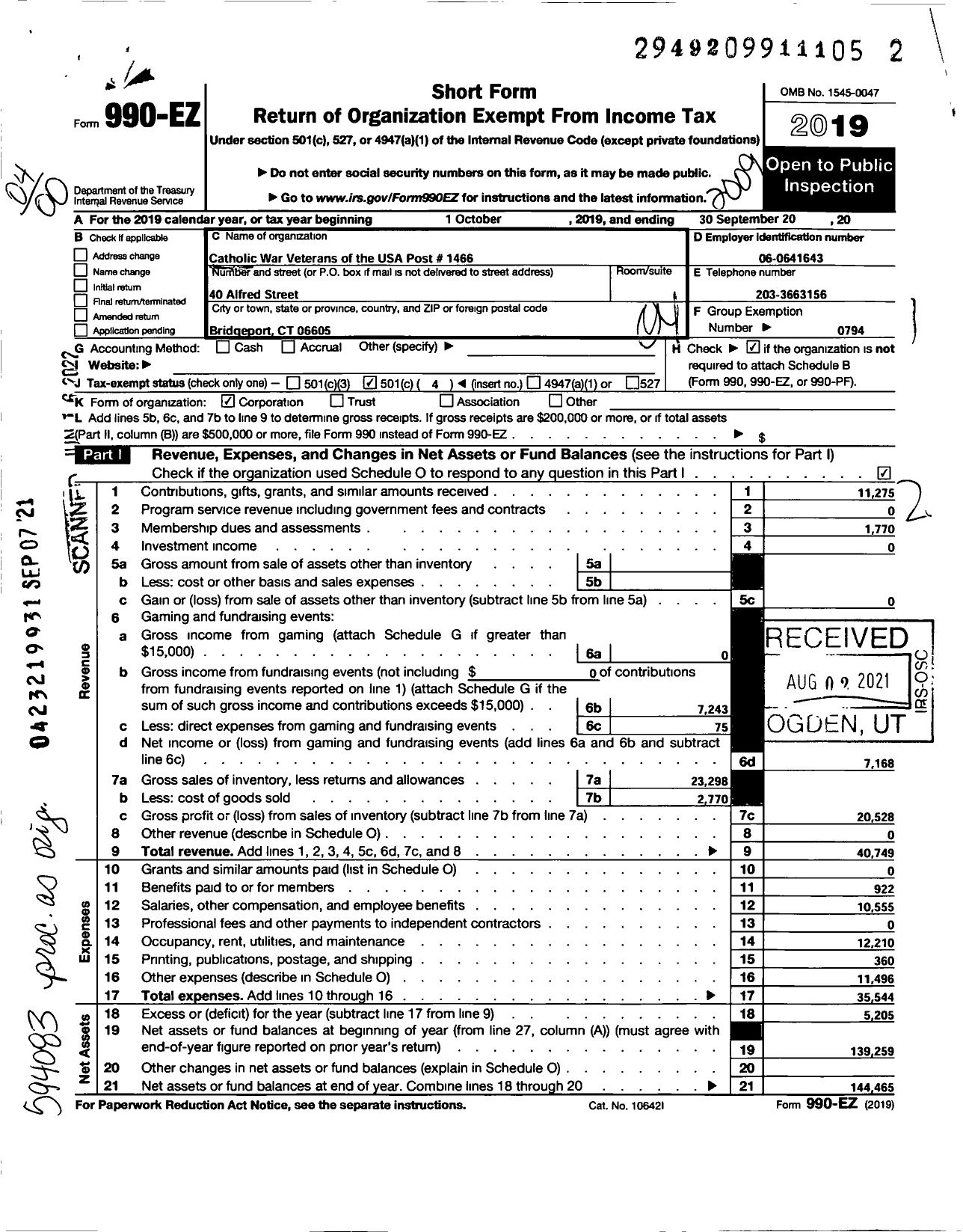 Image of first page of 2019 Form 990EO for Catholic War Veterans of the United States of America - 1466 Post-Cmr-Cwv