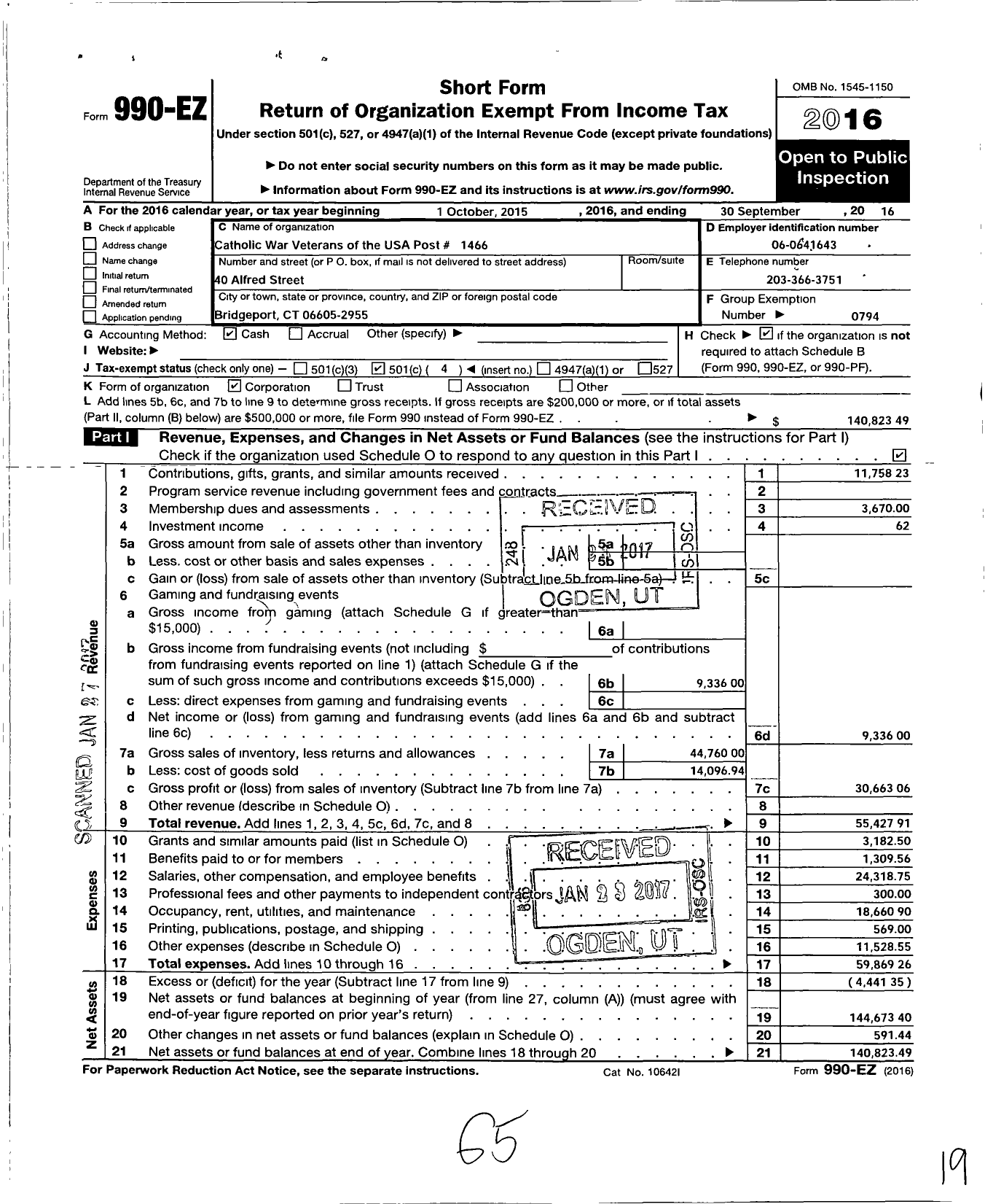 Image of first page of 2015 Form 990EO for Catholic War Veterans of the United States of America - 1466 Post-Cmr-Cwv