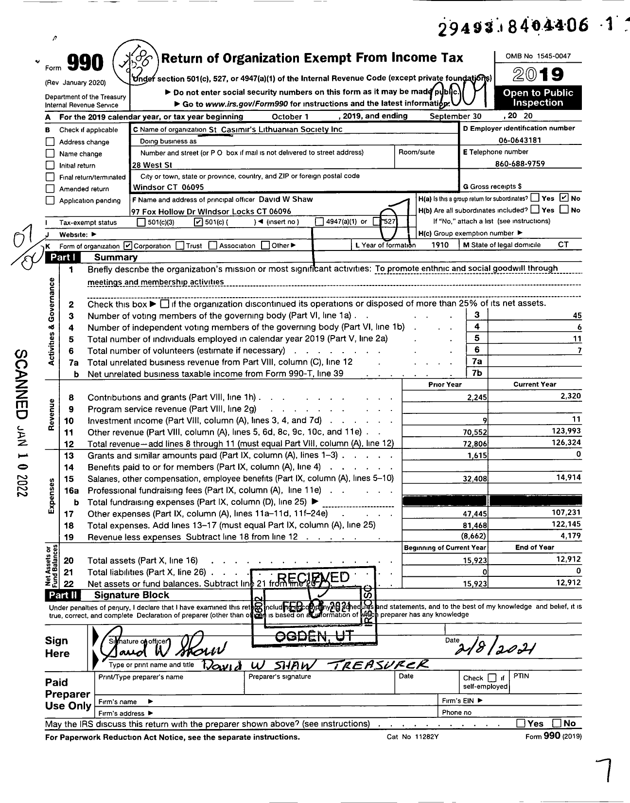 Image of first page of 2019 Form 990O for St Casimirs Lithuanian Society