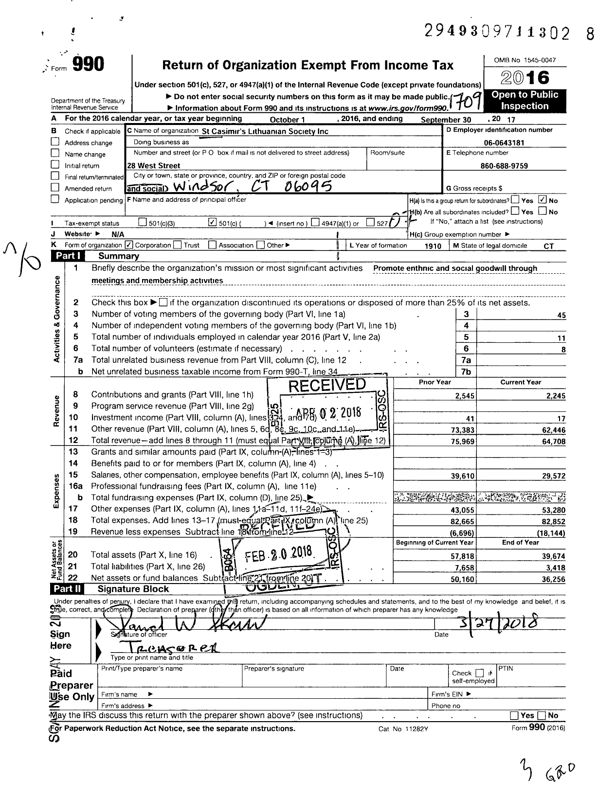 Image of first page of 2016 Form 990O for St Casimirs Lithuanian Society