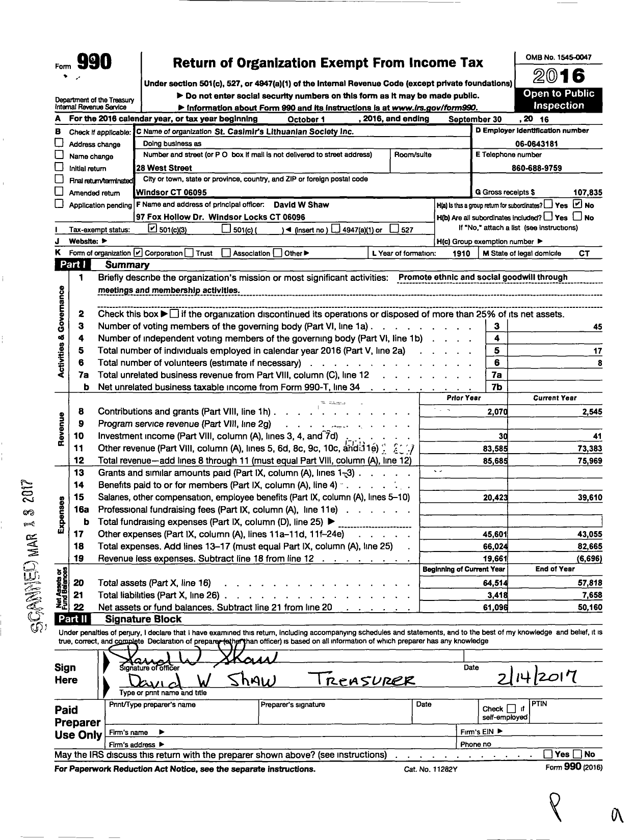 Image of first page of 2015 Form 990 for St Casimirs Lithuanian Society