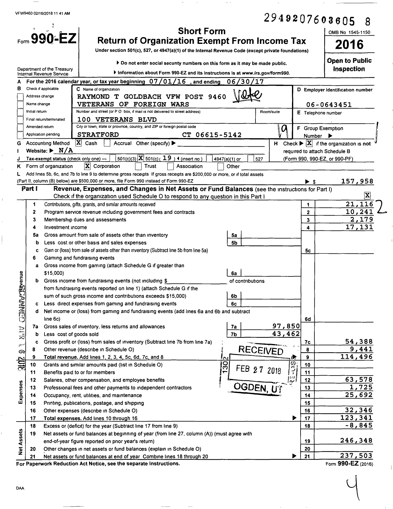 Image of first page of 2016 Form 990EO for VFW Department of Connecticut - Raymond T Goldbach Post 9460