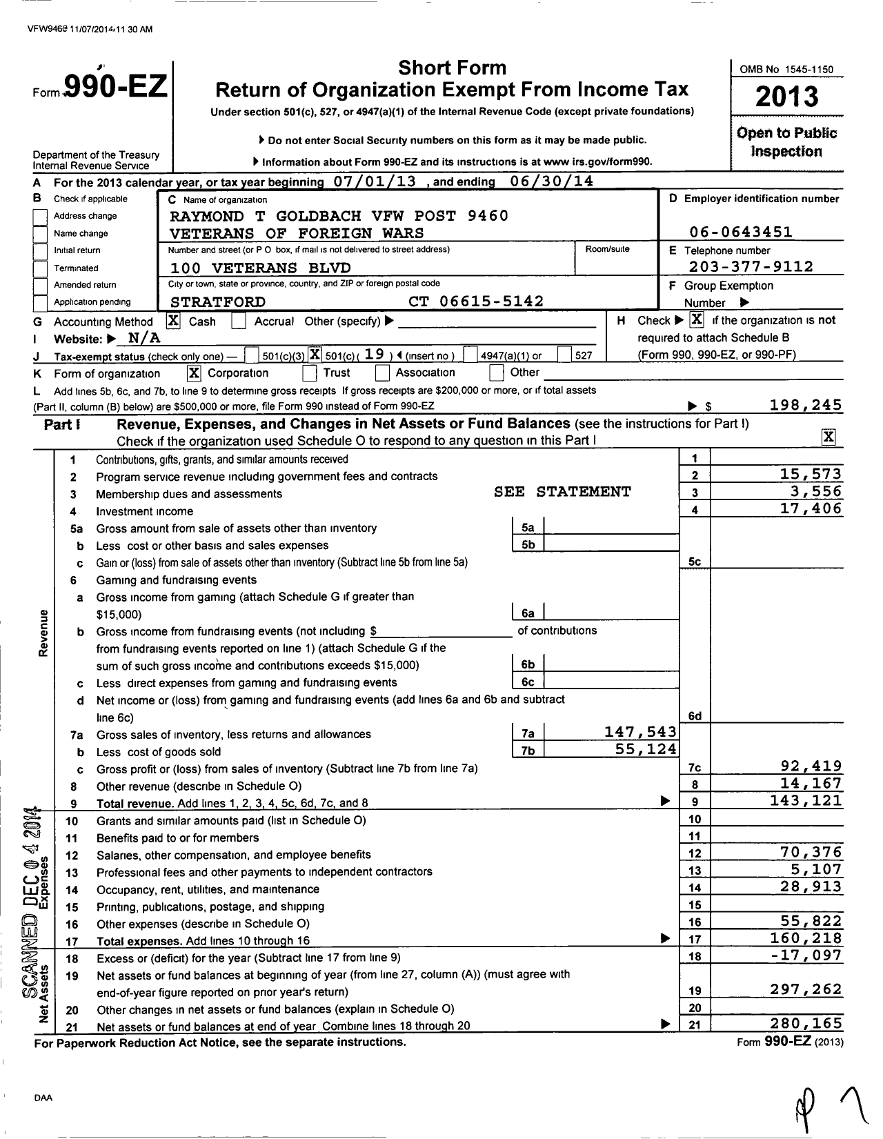 Image of first page of 2013 Form 990EO for VFW Department of Connecticut - Raymond T Goldbach Post 9460