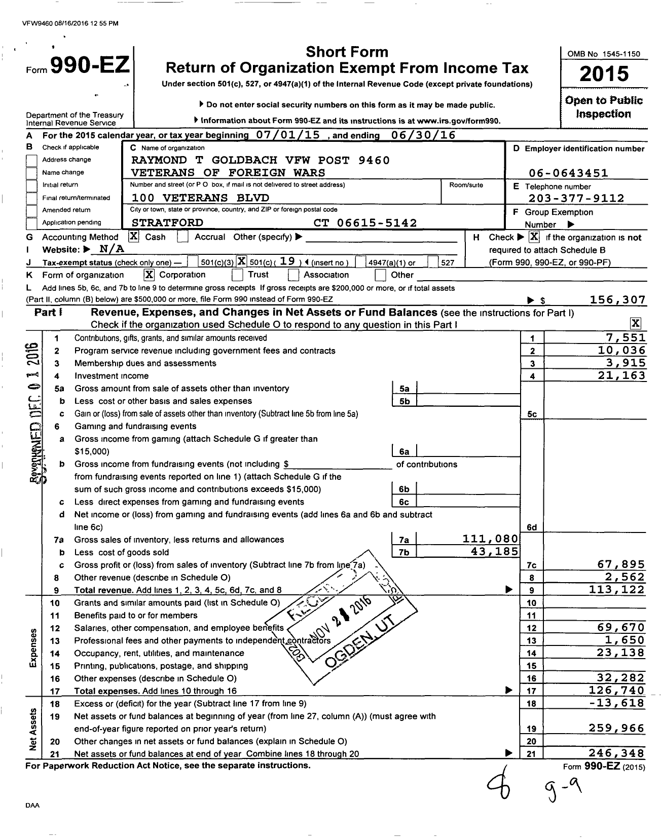 Image of first page of 2015 Form 990EO for VFW Department of Connecticut - Raymond T Goldbach Post 9460