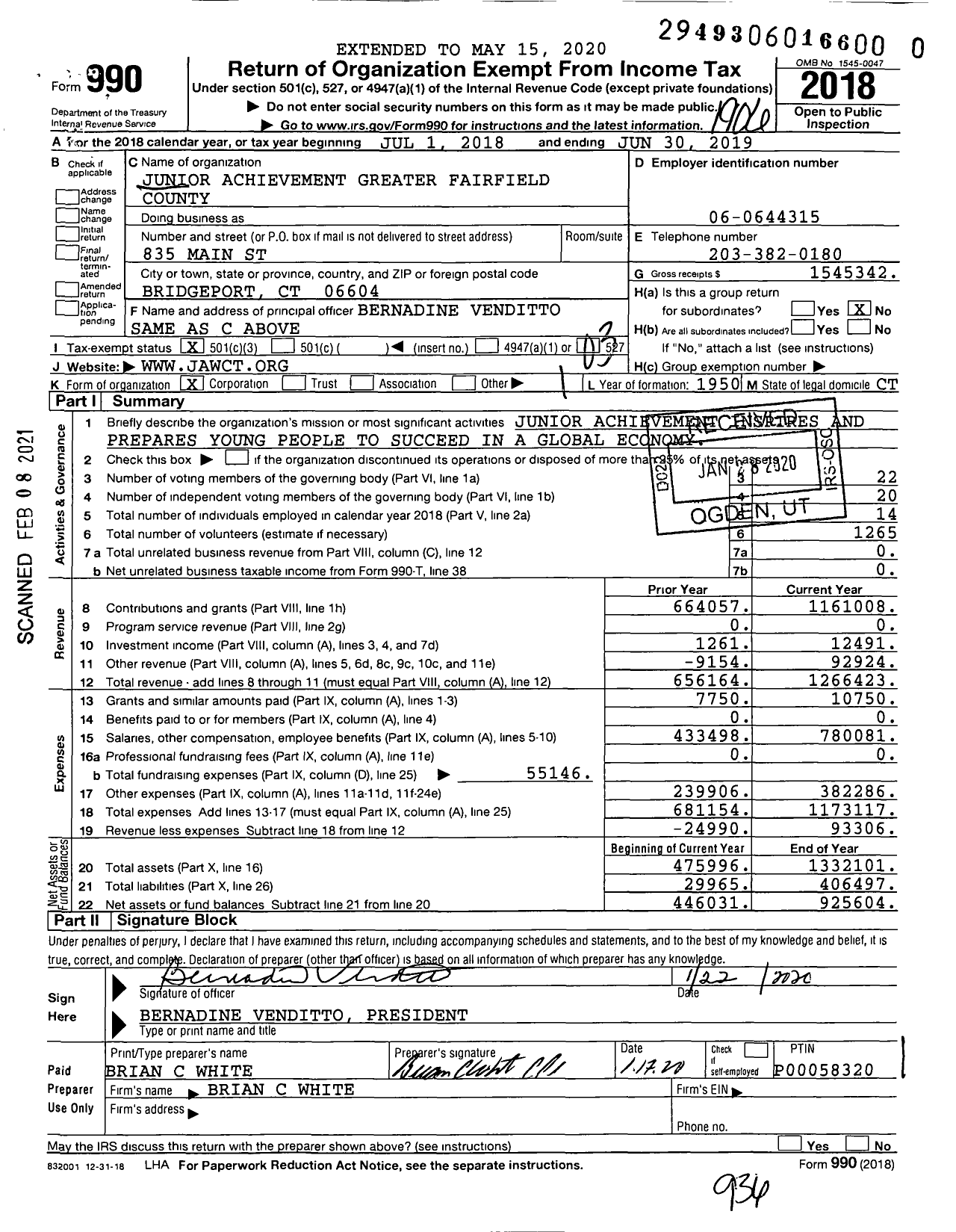 Image of first page of 2018 Form 990 for Junior Achievement of Greater Fairfield COUNTY