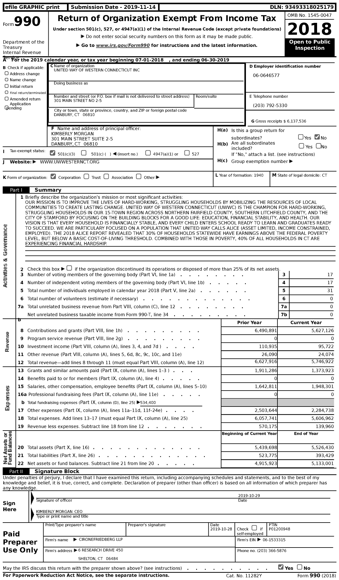 Image of first page of 2018 Form 990 for United Way of Western Connecticut (UWWC)