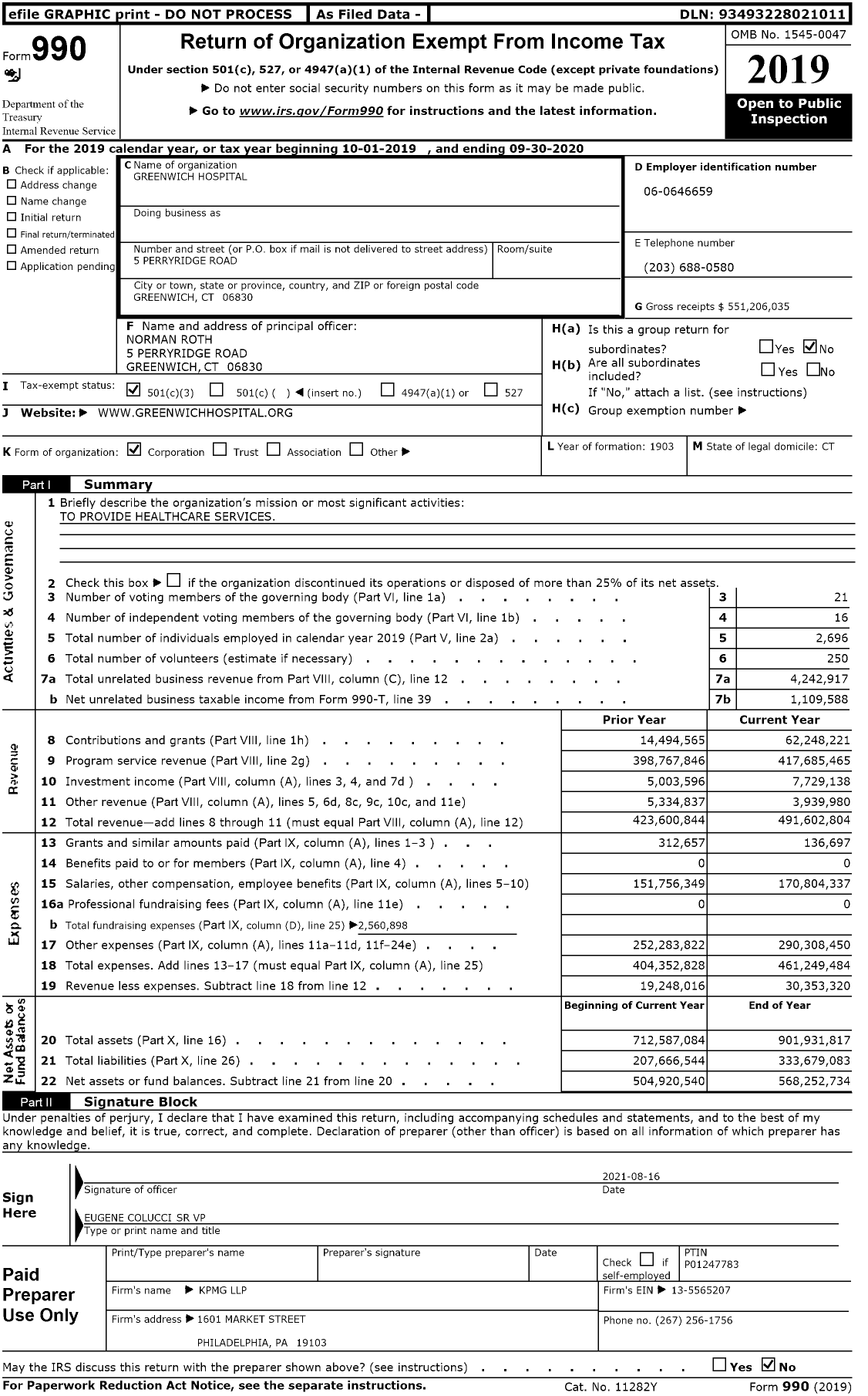 Image of first page of 2019 Form 990 for Greenwich Hospital