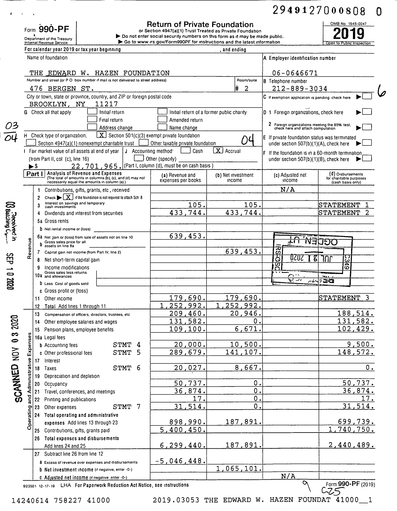 Image of first page of 2019 Form 990PF for The Edward W Hazen Foundation