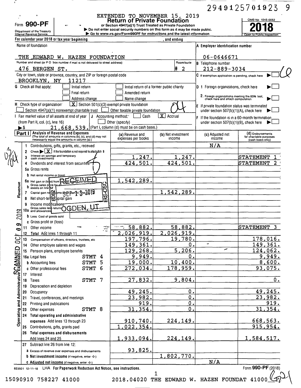 Image of first page of 2018 Form 990PF for The Edward W Hazen Foundation