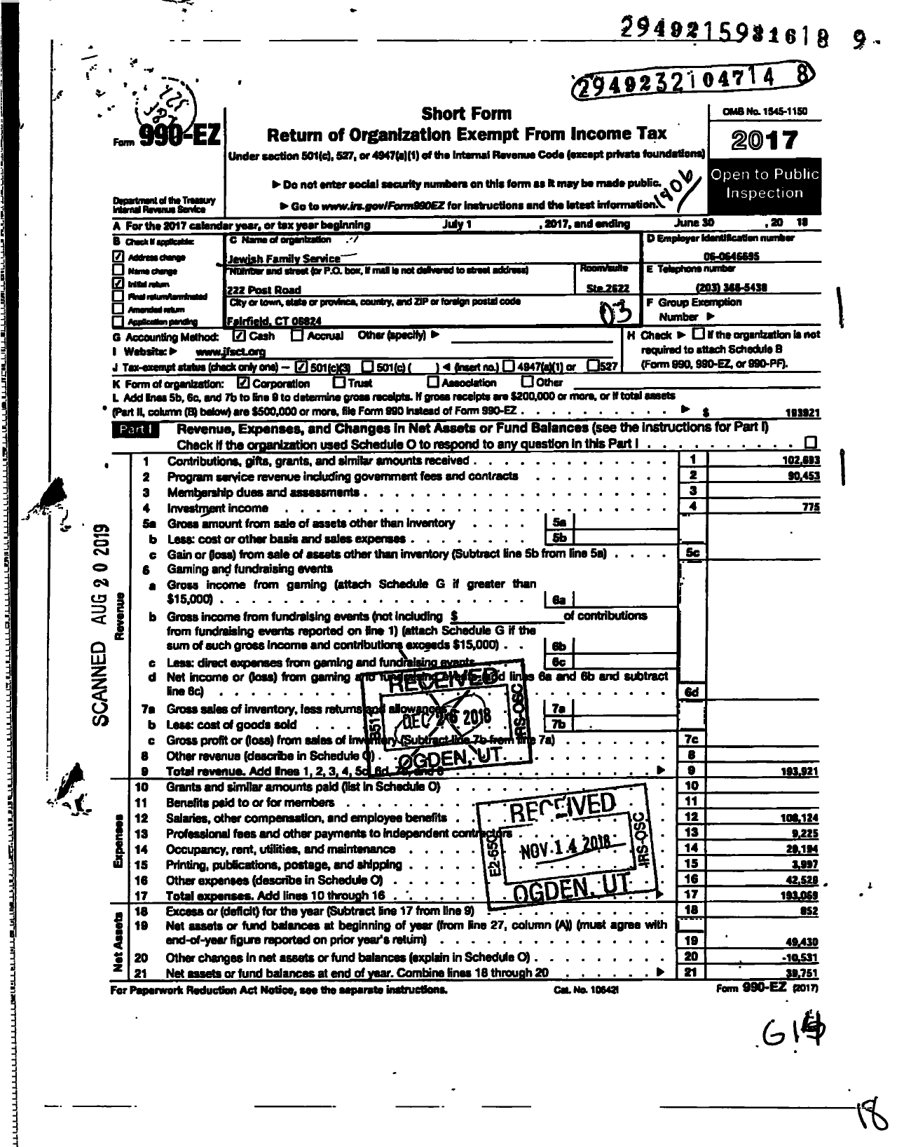 Image of first page of 2017 Form 990EZ for Jewish Family Service