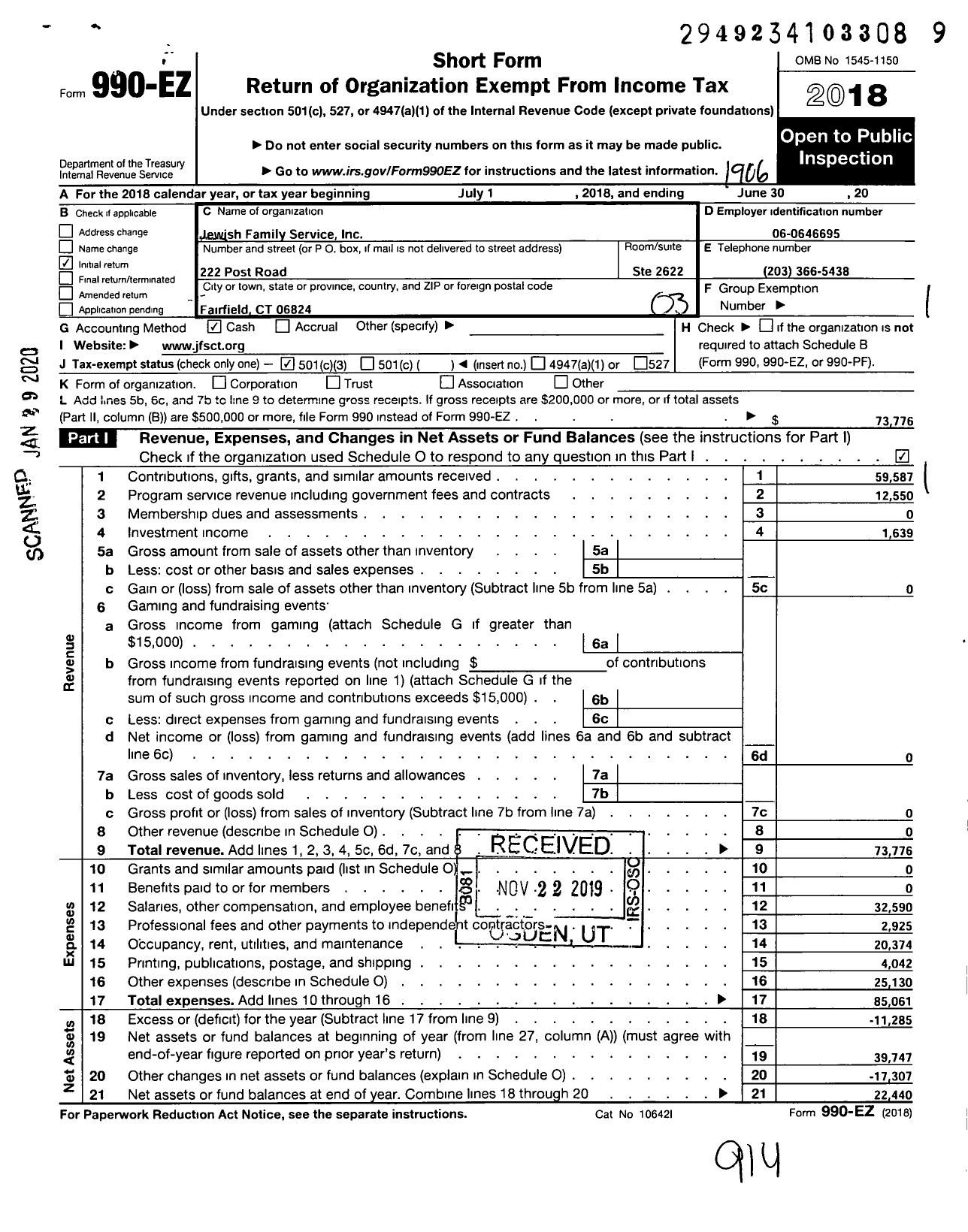 Image of first page of 2018 Form 990EZ for Jewish Family Service