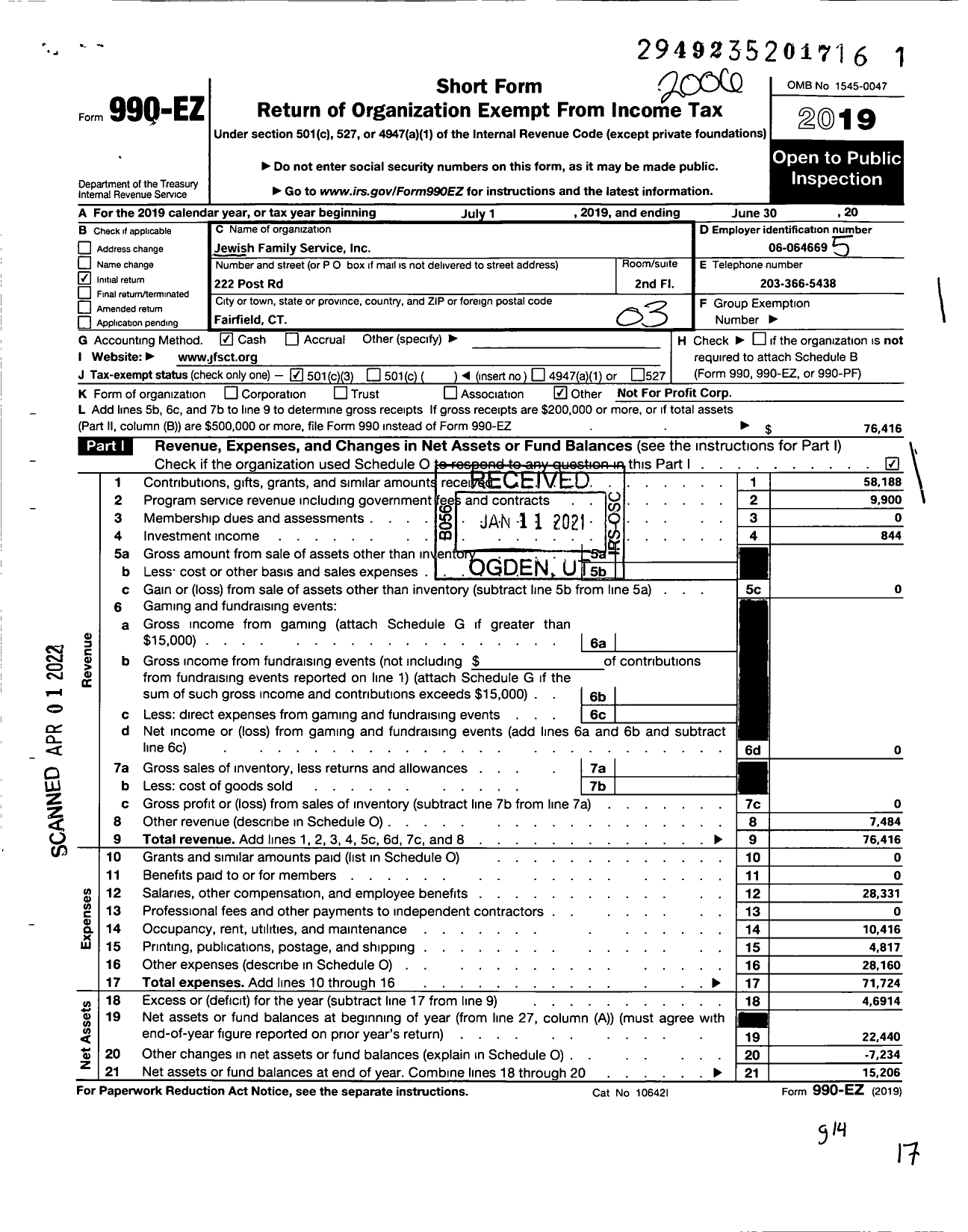 Image of first page of 2019 Form 990EZ for Jewish Family Service