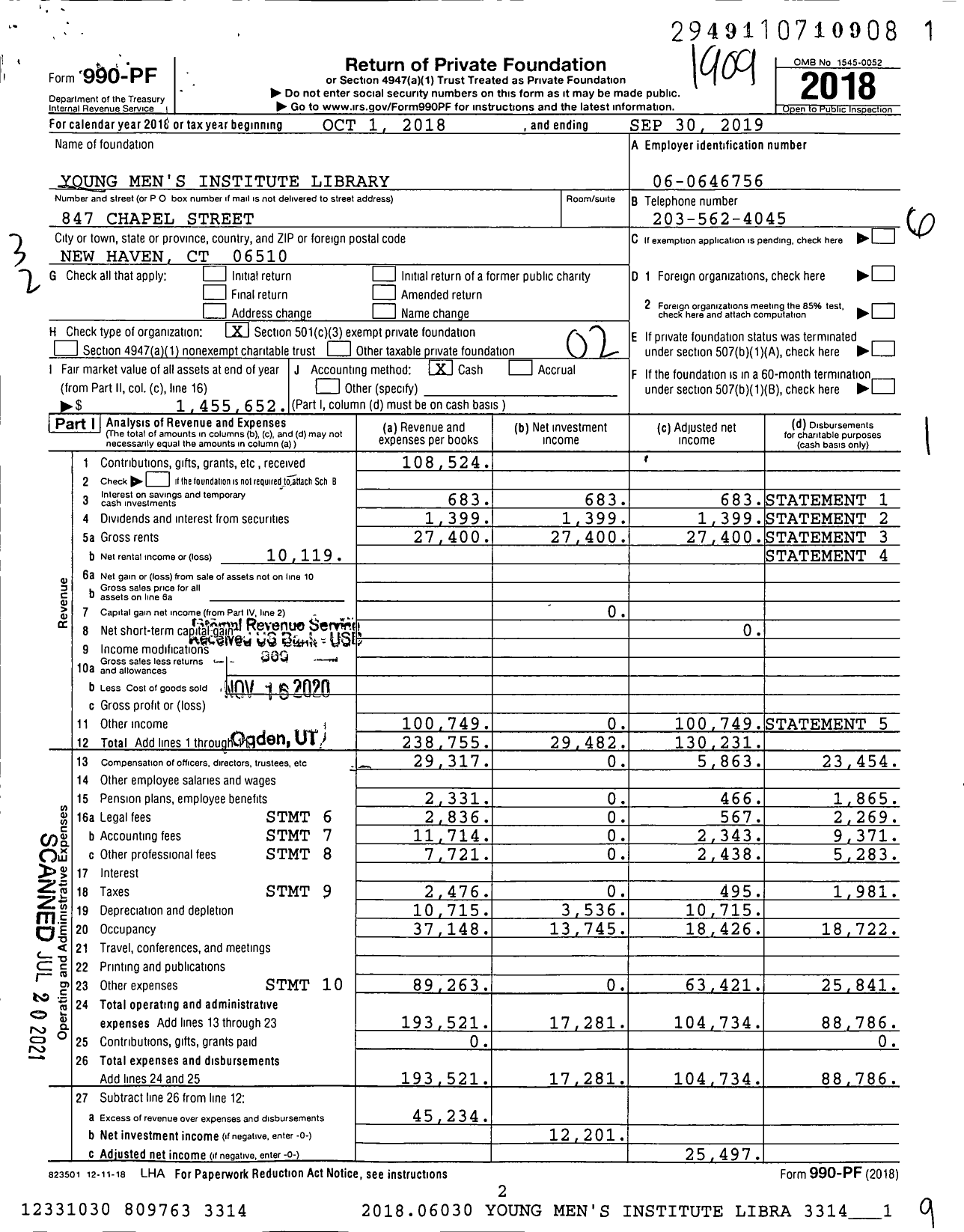 Image of first page of 2018 Form 990PF for Young Men's Institute Library