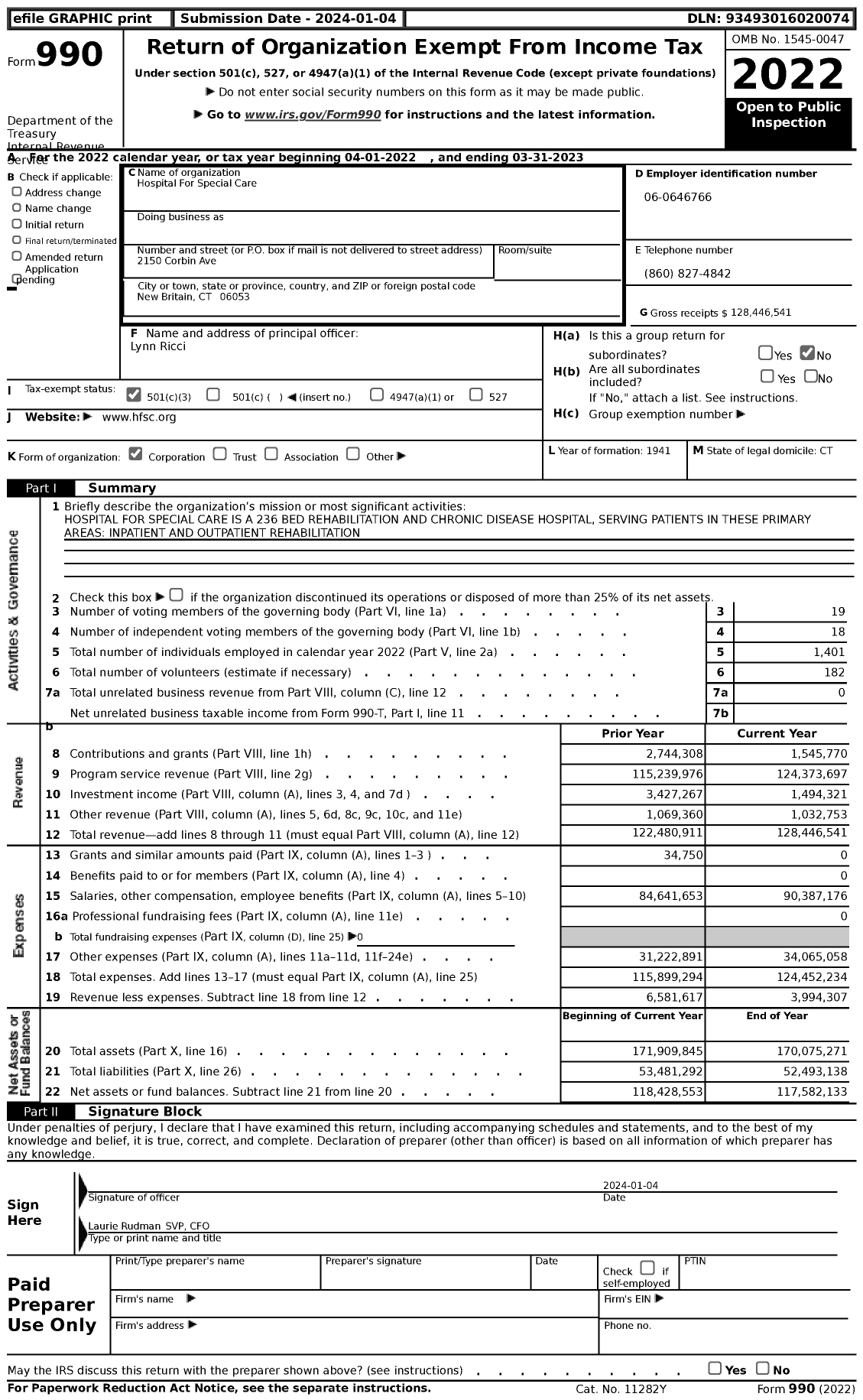 Image of first page of 2022 Form 990 for Hospital for Special Care (HSC)