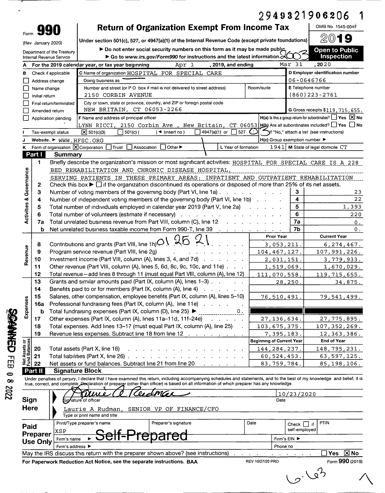 Image of first page of 2019 Form 990 for Hospital for Special Care (HSC)