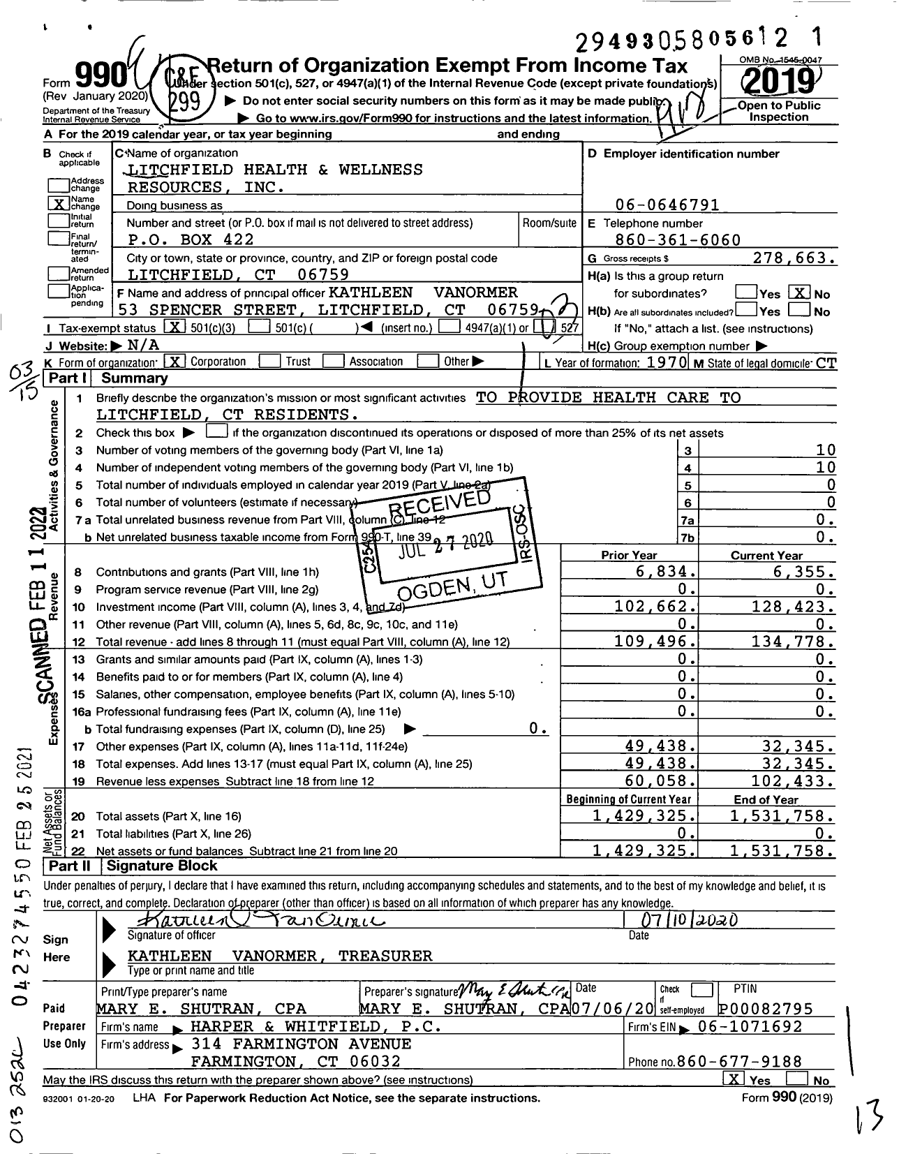 Image of first page of 2019 Form 990 for Litchfield Health and Wellness Resources