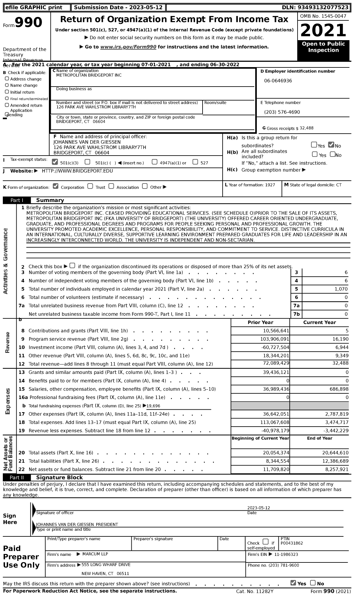 Image of first page of 2021 Form 990 for Metropolitan Bridgeport (UB)