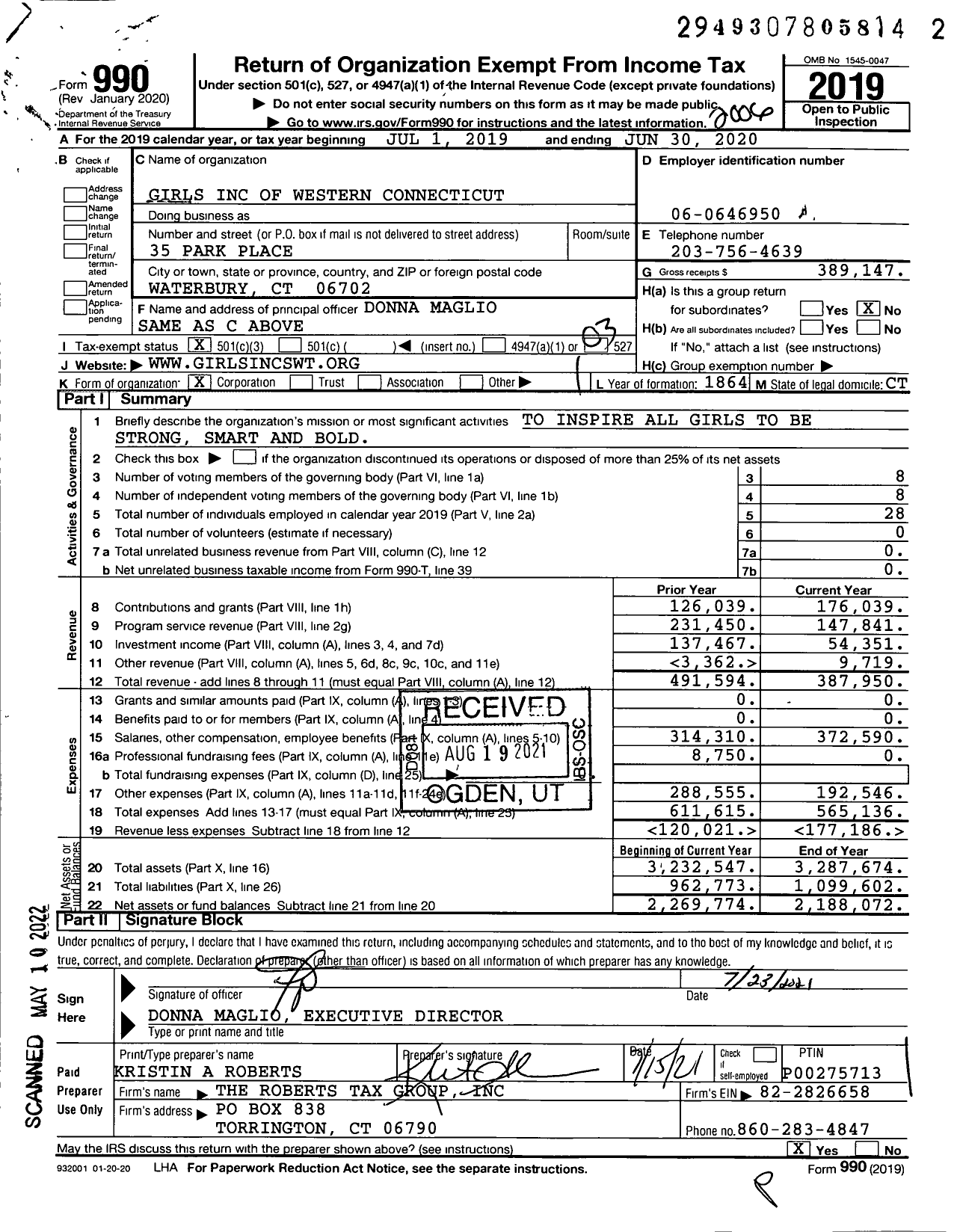 Image of first page of 2019 Form 990 for Girls of Western Connecticut (GISWCT)