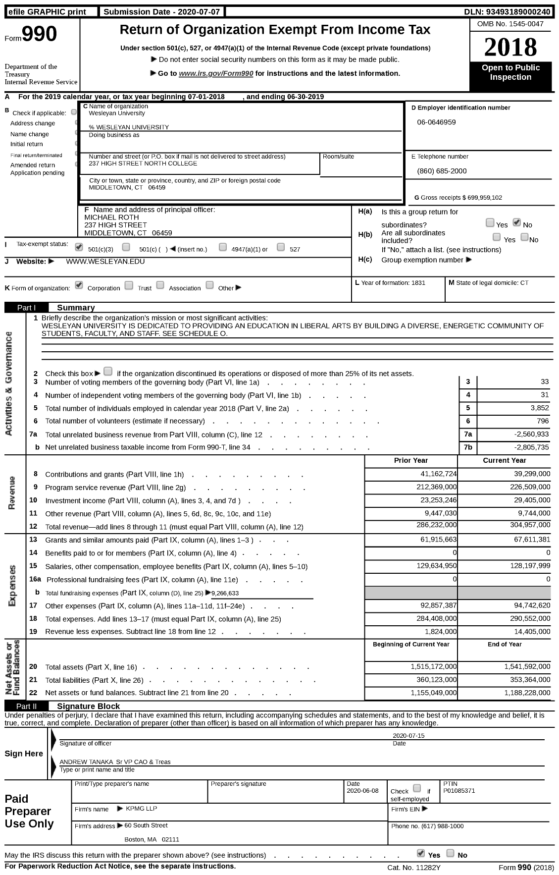 Image of first page of 2018 Form 990 for Wesleyan University