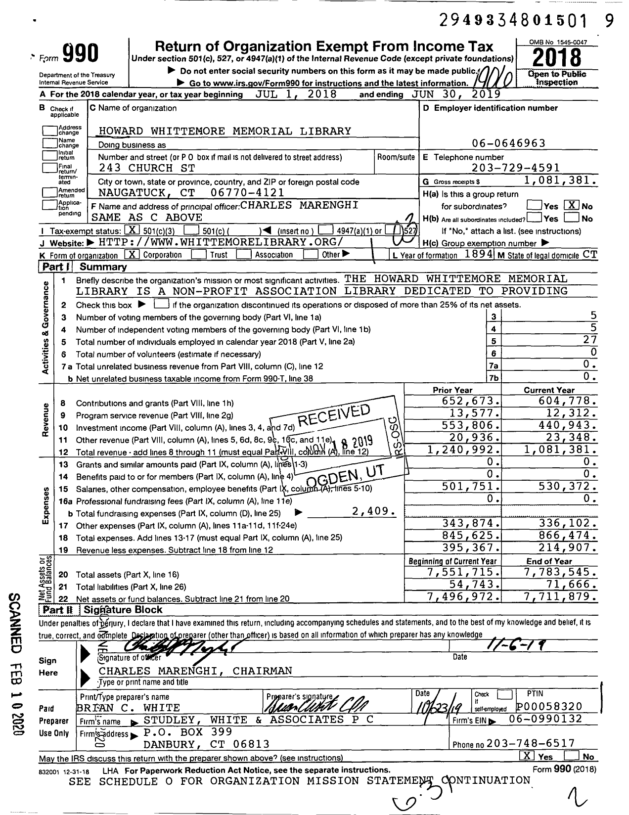 Image of first page of 2018 Form 990 for Howard Whittemore Memorial Library
