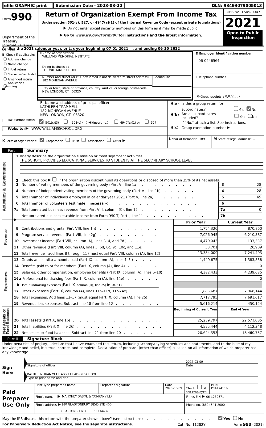 Image of first page of 2021 Form 990 for The Williams School
