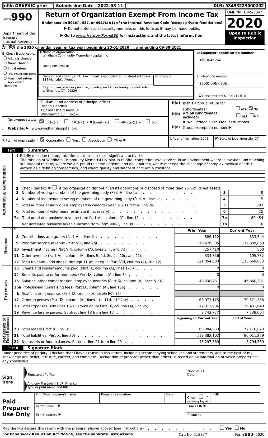 Image of first page of 2020 Form 990 for Windham Community Memorial Hospital