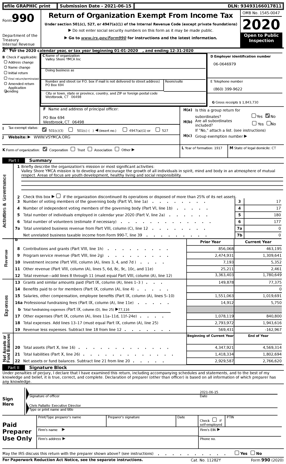 Image of first page of 2020 Form 990 for Valley Shore YMCA
